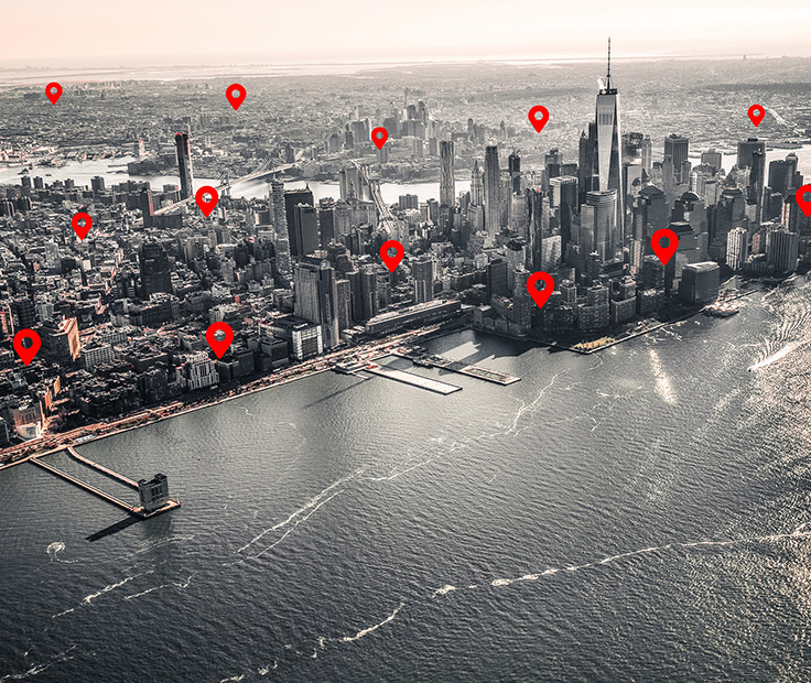 NYC skyline with map pin icons
