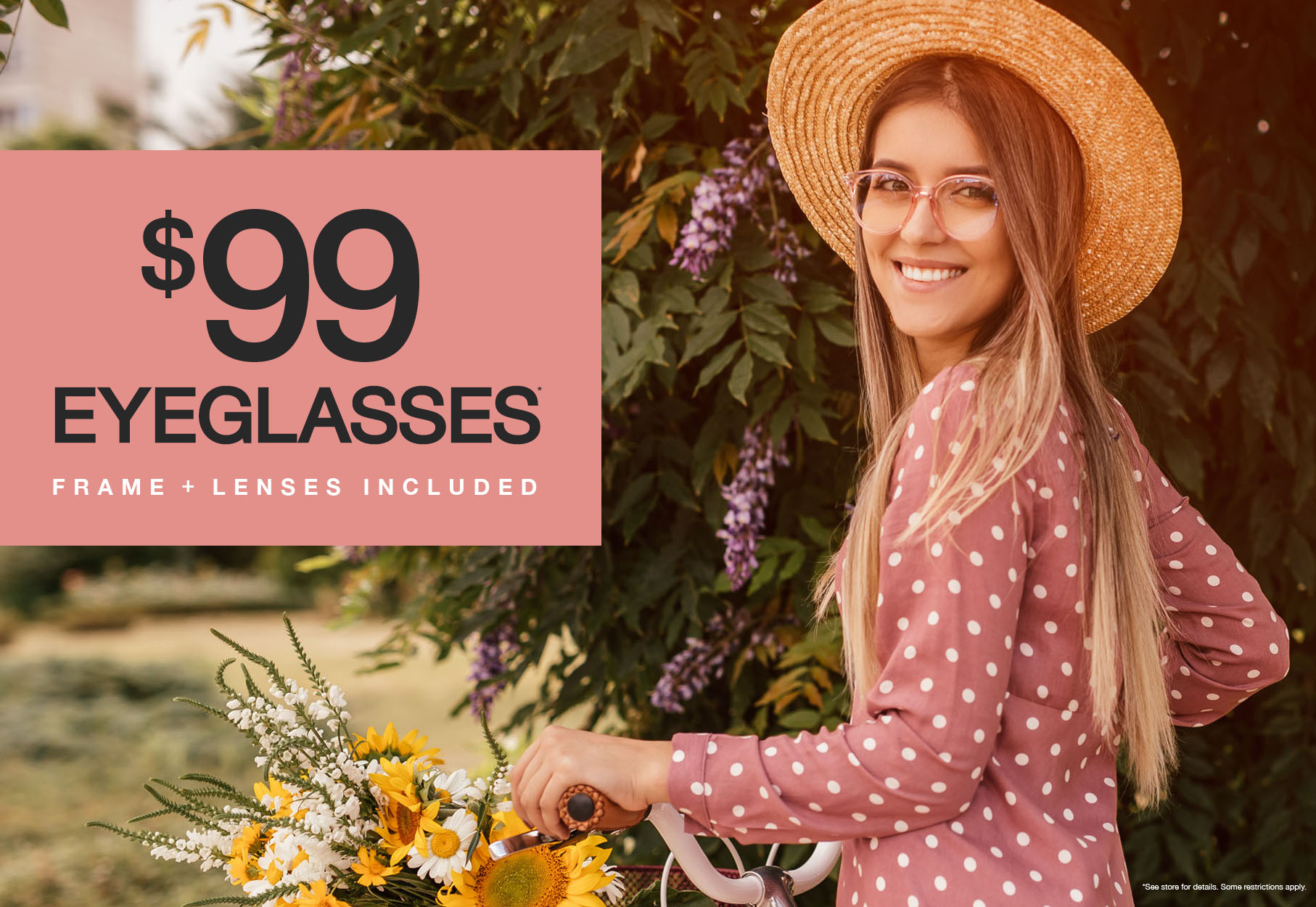 Girl on bike with glasses. $99 eyeglasses frame + lenses included.