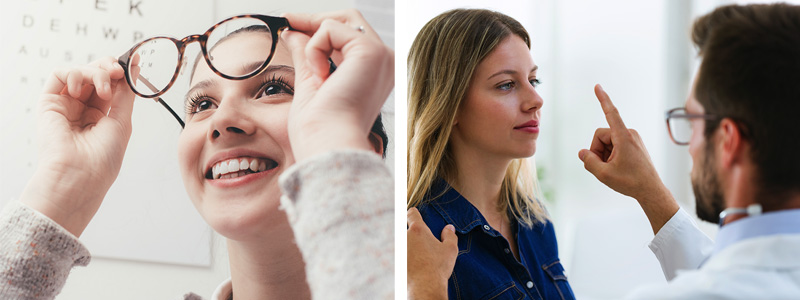 Split image - Left: Woman looking up at a pair of glasses; Right: Woman seated for an eye exam