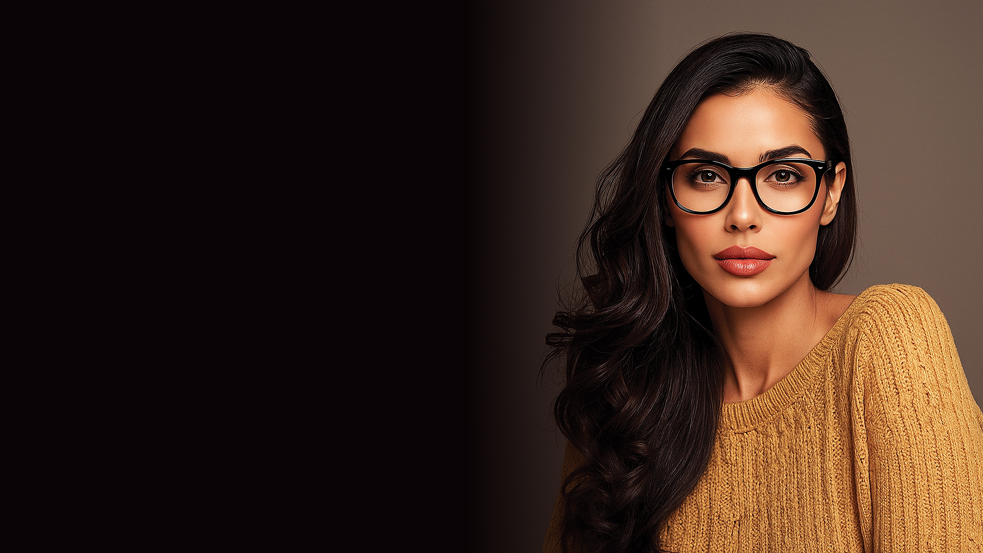 Woman wearing a textured mustard-yellow sweater with long, wavy dark hair over one shoulder, set against a smooth, dark gradient background.